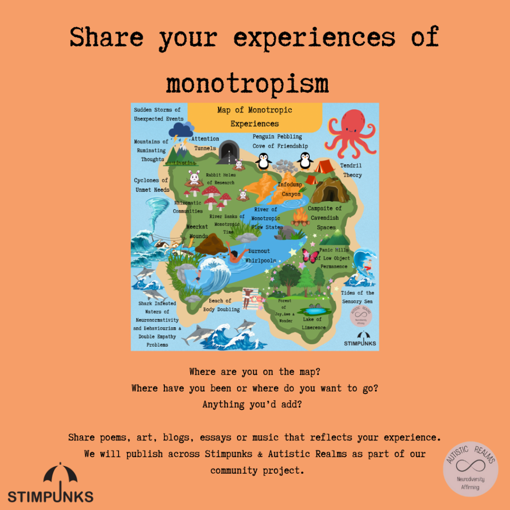 Image of Map of monotropic Experiences by Helen Edgar. Text reads: Share your experiences of Monotropism. Where are you on the map?
Where have you been or where do you want to go?
Anything you'd add?
Share poems, art, blogs, essays or music that reflects your experience.
We will publish across Stimpunks & Autistic Realms as part of our
community project.